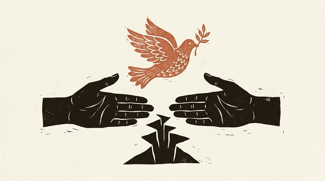 Two open hands reaching toward each other beneath a dove carrying an olive branch — a linocut print